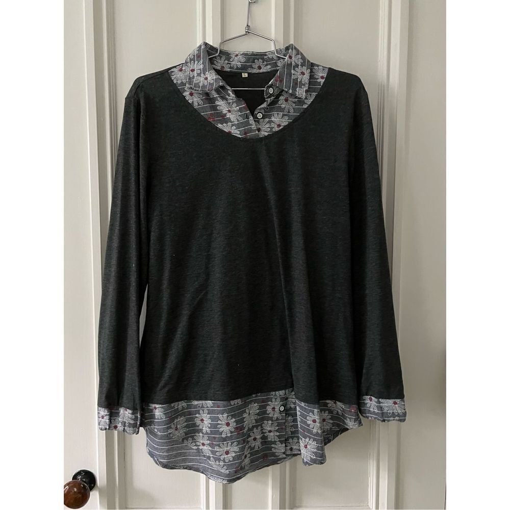 Women’s charcoal gray white striped and floral  faux collared long sleeve shirt
